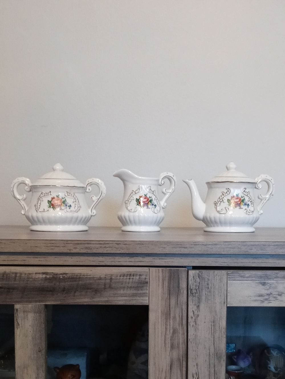 White Floral Porcelain Tea Set - Creamer, Sugar Bowl, Teapot